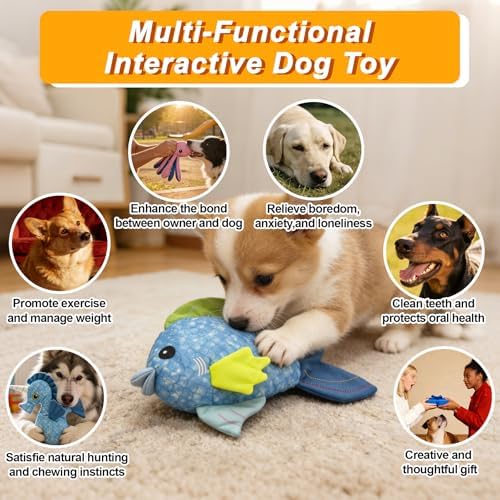 10.63" Recycled Canvas Fish Squeaky Dog Toy, Durable Stuffed Chew Toy for Puppy Teething, Interactive Play for Small Medium Large Dogs, Blue
