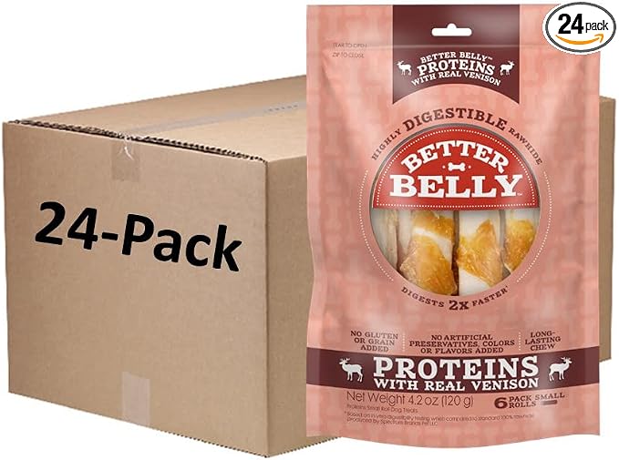 Better Belly Proteins Roll Highly Digestible Dog Treats, 6 Count | With Real Venison, Long-Lasting Digestible Chew, No Grain Added, No Artificial Colors Or Flavors, For Adult Dogs