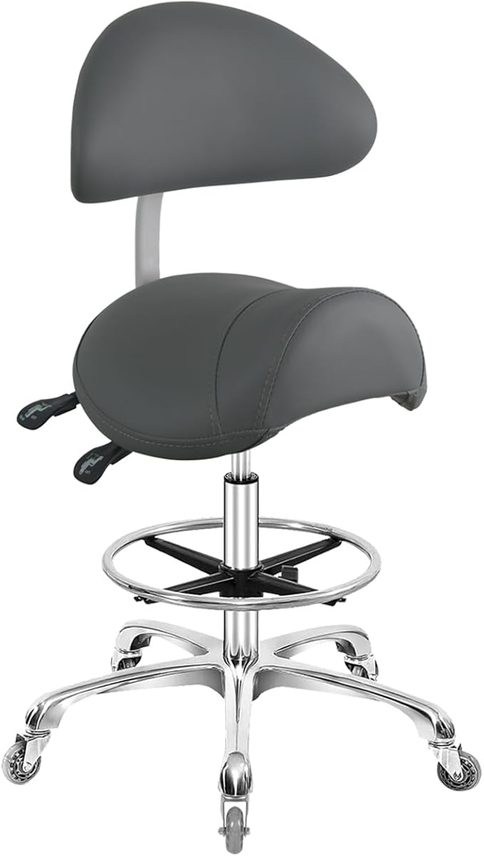 Saddle Stool Chair with Back Support Footrest, Heavy-Duty(350LBS), Hydraulic Rolling Swivel Adjustable Stool Chair for Salon Spa Beauty Massage Dental Clinic Home Office Use(Grey)