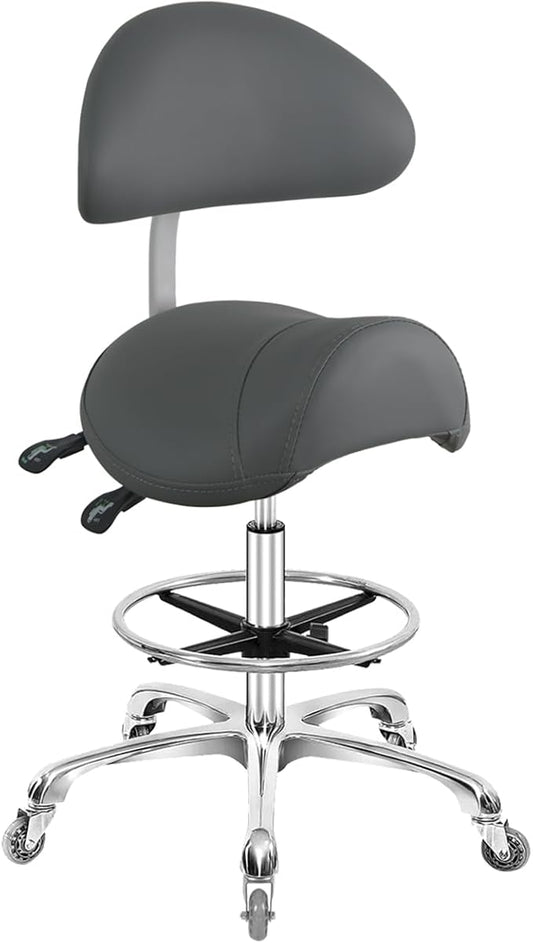Saddle Stool Chair with Back Support Footrest, Heavy-Duty(350LBS), Hydraulic Rolling Swivel Adjustable Stool Chair for Salon Spa Beauty Massage Dental Clinic Home Office Use(Grey)