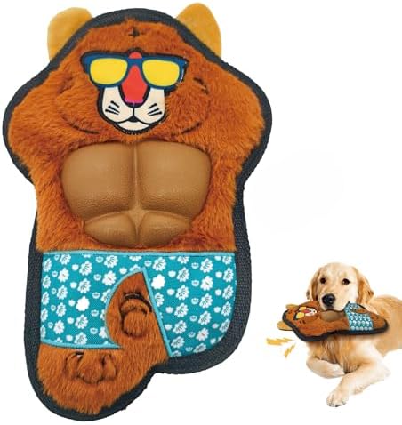 11.42 Inch Yellow Tiger Squeaky Dog Toy with TPR Muscles, Plush Chew Toy for Puppy Teething, Interactive Tough Toy for Small Medium Large Dogs