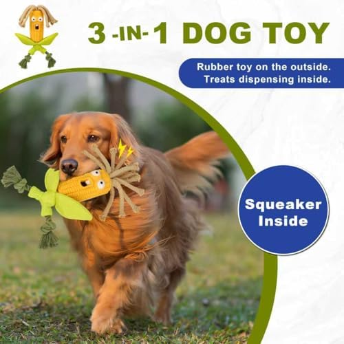 Corn Shape Rubber Dog Toy with Rope Tug, Treat Toys, Squeaker Interactive Durable Chew Toys for Dogs, Safe Non-Toxic Material, Clean Teeth Design for Indoor and Outdoor Play