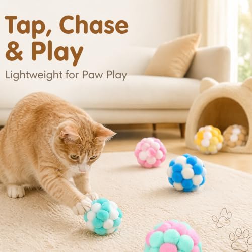 Cat Pom Pom Balls with Bells, 6 PCS Soft Fuzzy Cat Toy Balls, 1.77in Colorful Interactive Kitten Chew Scratching Toys, Lightweight Indoor Outdoor Play Balls for Kittens & Indoor Cats