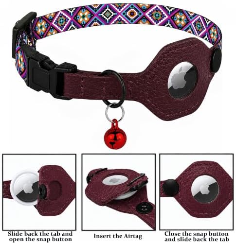 Breakaway Cat Collar with Leather AirTag Holder & Bell - Apple Air Tag Cat Collars for Girls & Boys, Lightweight Anti-Lost GPS Tracker Design, Printed Pattern - Safety and Adjustable (Aztec)