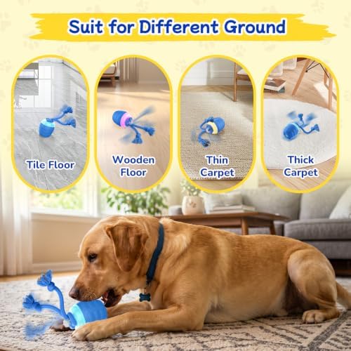 Interactive Dog Toys, Automatic Rolling Dogs Toy with Rope for Medium/Large Dogs, Touch Activated Moving Dog Ball for Boredom(Blue)