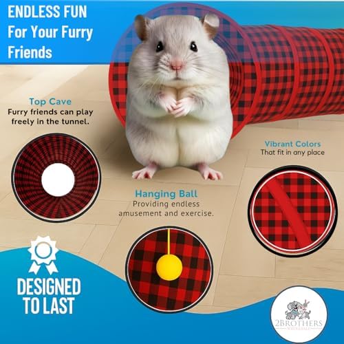 Tunnels with 3-Way Entrance - Cozy, Washable Guinea Pig Hideout - Interactive Cage Toys (Red Plaid)