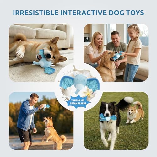 Interactive Dog Squeaky Toys, Indestructible Chew Toys Built-in Vanilla Ice Cream Flavored Ball, Puppy Plush Toys for Small Medium Chewers to Keep Them Busy - Blue Bat