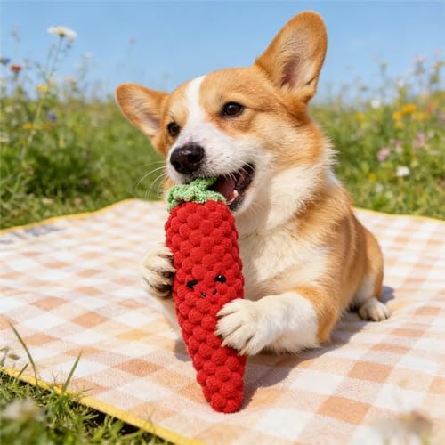 Squeaky Veggies Stuffed Dog Toy Crinkle Plush Interactive Chew Toy for Small Medium Dogs Soft Teething Puppy Toy with Sound Mental Stimulation Birthday Pet Gift (Chili)