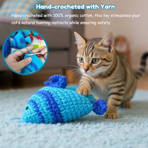 Catnip Fish Toy - Hand-Crocheted with Real Catnip & Bell, Interactive Kicker Toy for Cats Kitten, Soft & Safe for Biting