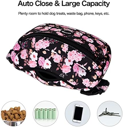 Petmolico Neoprene Dog Treat Pouch, Auto Closed Dog Training Pouch Fanny Pack Wasit Bag with Dog Poop Bag Dispenser for Hands-Free Dog Walking, Pink Peony