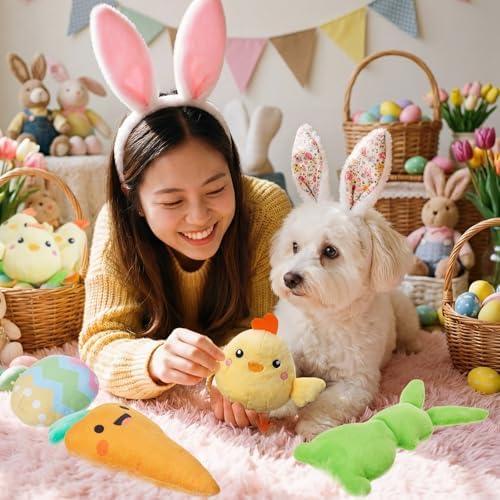 Civaner 12 Pcs Squeaky Dog Toys Bulk, Cute Plush Bunny Carrot Egg Chicken Stuffed Puppy Toys for Small Medium Dogs, Interactive Soft Chew Playthings for Birthday Party Favors & Training