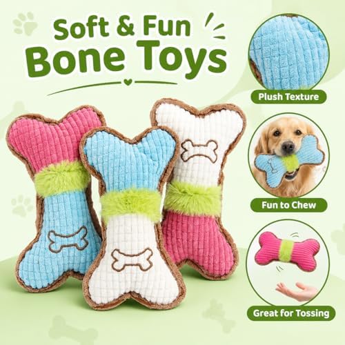 Calming Plush Toys for Dogs, 3 Packs Cute Bone-Shaped Squeaky Toys, Durable Puppy Chew Toy for Small, Medium Dogs