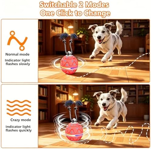 Interactive Dog Ball Toy with 2 Rope, Automatic Rolling & Bouncing Smart Dog Toy with Bird Chirping Sound and LED Light, Soft ETPU Chew-Safe Material, USB Rechargeable, for Medium & Large Dogs