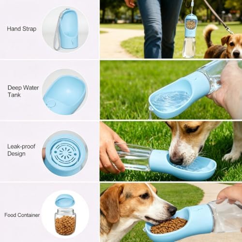 Portable Dog Water Bottle with Food Container, Drinking Bottle for Travel