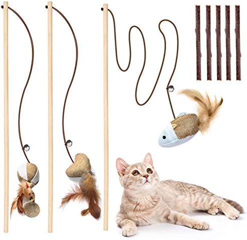 Natural Wood Cat Teaser Wand Toy, 3pcs 16 Inch, Catnip Sticks for Teeth Cleaning, Indoor Cat Exerciser