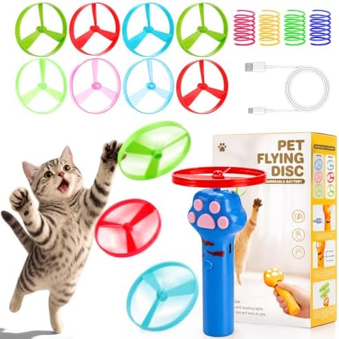 BABORUI Cat Toy Disc Launcher, Rechargeable Interactive Cat Fetch Toy Launcher with 8 Flying Discs, Flying Enrichment Toys for Indoor Bored Kittens & Adult Cats (Blue)