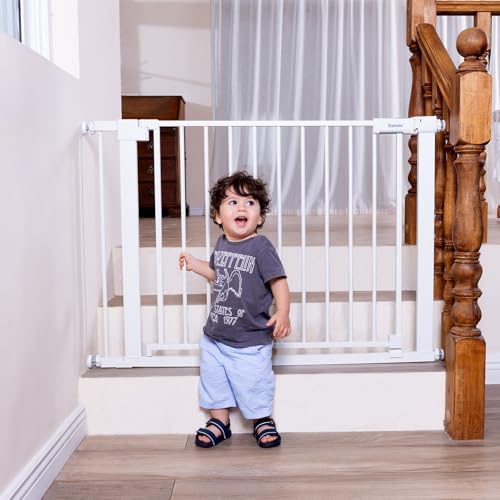 Babelio Baby Gate for Stairs No Drilling, 41-46" Wide Dog Gate with Door | Pressure/Wall Mount; Lock Indicator; 39" Wide Door; Auto-close; 200N Impact Tested; Easy Install for Doorways, Hallway, White