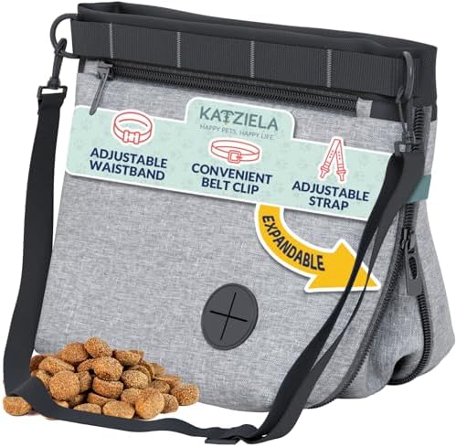 Katziela Expandable Pet Treat Pouch - Hands Free Dog Treat Pouch, Quick Access Magnet Closure - Anti Spill Dog Treat Bag - Treat Pouches for Pet Training, Adjustable Shoulder Strap & Belt Clip (Grey)