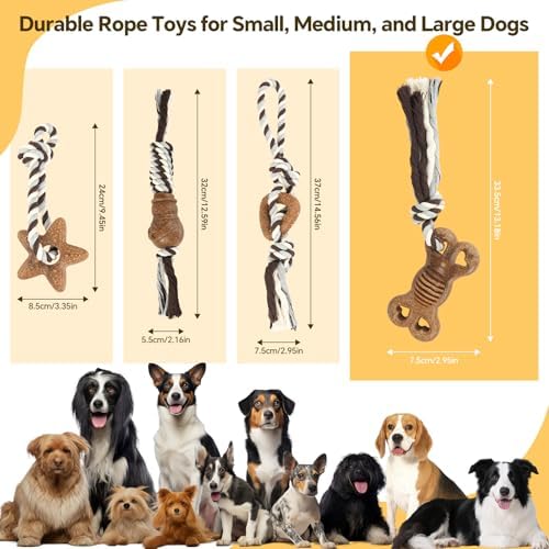 Dog Chew Toys for Aggressive Chewers – Puppies & Adults, Multiple Textures & Rope， ndestructible Tough Durable Interactive Dog Toys， Brown Bone
