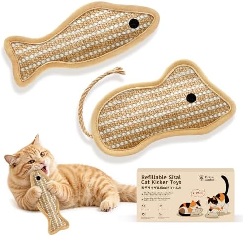 Refillable Catnip Kicker Toys, Sisal Fish & Mouse with Catnip & Silvervine Gall Fruit, Durable Interactive Cat Toy for Indoor Cats, 2-Pack