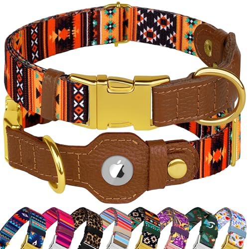 AirTag Dog Collar for Small Medium Large Breed - Adjustable Cute Pattern Dog Collar with Airtag Holder - Soft Leather Tracker GPS Apple Air Tag Pet Collars (X-Large, 20"-25" Neck Fit, Western)