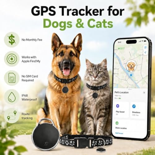 GPS Tracker for Dogs/Cats, Real-Time Tractive GPS Tracker Device | Dog/Cat Tracker Pet Location Tracking with Collar, No Monthly Fee/No SIM Card, Works for iOS Find My, IP68 Waterproof
