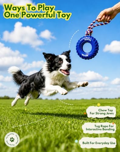 Deeow Tether Dog Tire Chew Toy for Teething & Treat Dispensing-Blue 6.3''