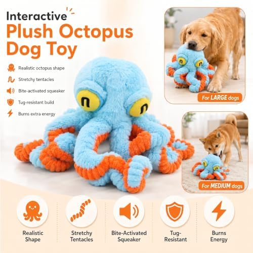 Squeaky Dog Plush Chew Toy, Interactive Tug Squeaky Toy for Chewers, Medium & Large Dogs & Fetch Play, 19.7 Inch Stuffed Octopus Toy with Flexible Spring Tentacles for Gentle Gum Care & Boredom Relief
