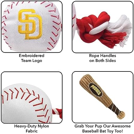 Pets First MLB San Diego Padres Baseball Rope Toy for Dogs & Cats. Tough Nylon, Sporty Baseball Design, Heavy-Duty Ropes with Inner Squeaker