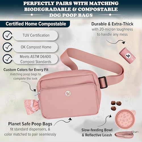 Puppington 3-in-1 Crossbody & Dog Treat Pouch for Pet Training - Matching Compostable Poop Bags, Built-In Poop Bag Dispenser & Slow-Feeding Travel Dog Bowl - Dog Walking Bag (Blush Pink)