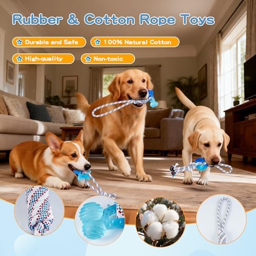 3 Pack Dog Chew Toys for Aggressive Chewers, Multiple Textures & Rope, ndestructible Tough Durable Interactive Dog Toys, Puppy Chew Toys for Teething， Blue Star&Bone&Small Circle