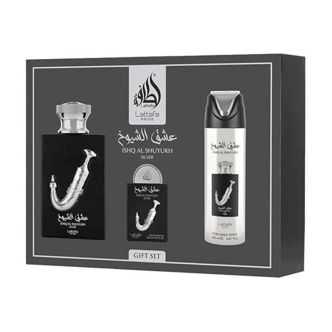 Lattafa Pride - Ishq Al Shuyukh Silver for Men - 3 Pc Gift Set 3.4oz EDP Spray, 6.67oz Perfumed Body Spray, 0.67oz EDP Spray