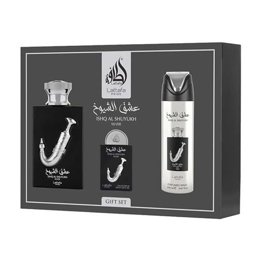 Lattafa Pride - Ishq Al Shuyukh Silver for Men - 3 Pc Gift Set 3.4oz EDP Spray, 6.67oz Perfumed Body Spray, 0.67oz EDP Spray