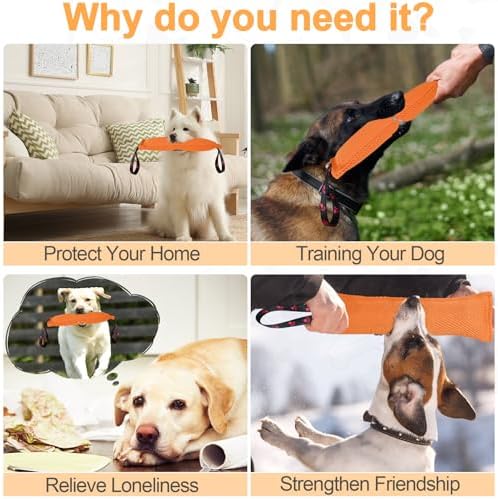 ToLanbbt Dog Tug Toy Bite Jute Pillow Pull Toy with 2 Strong Handles Perfect for Tug of War, Puppy Interactive Play, Tear Resistant Bite Training for Small Medium Large Dogs (Bright Orange-Footprint)