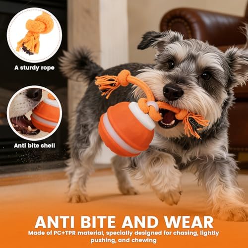 Interactive Dog Toy with Rope, 2026 Upgraded 3 Modes 360° Smart Automatic Rolling Moving Rechargeable Moving Fetch Dog Toy Ball for Boredom(Orange)