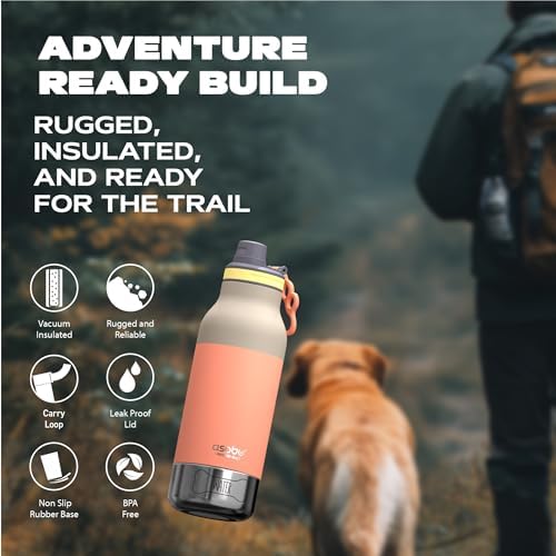 asobu Buddy Bottle a Stainless Steel Insulated Water Bottle for with Removable Dog Water Bowl and Dog Food and Treat Storage Bowl (Pastel Peach, 34 Oz)