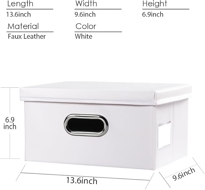 Collapsible Storage Box with Lid [3-Pack] Leather Fabric Foldable Storage Bin Organizer Container Basket Cube with Cover for Home Bedroom Closet Office Nursery White(13.6x9.6x6.9)
