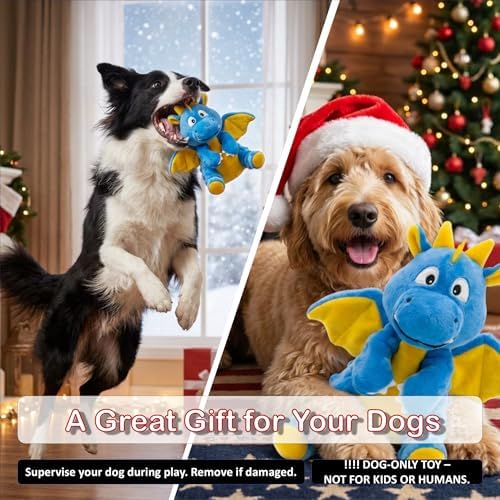 Squeaky Plush Dragon Dog Chew Toy - 8.3‘’X9‘’ Dog Toy for Small/Medium Dogs to Keep Pups Busy，Chewer Dog Toy with Crinkle Paper（Blue）
