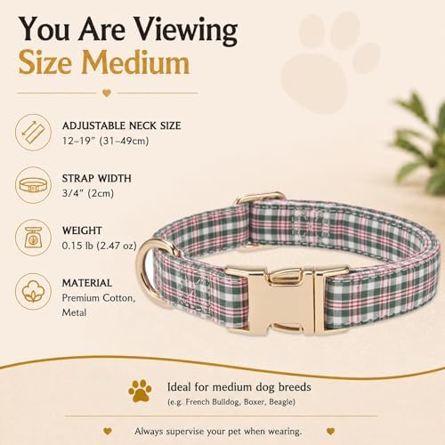 Soft Cotton Dog Collar Classic Plaid Pet Collars with Metal Clasp for Medium Dogs with Sensitive Skin, Heritage Red Green