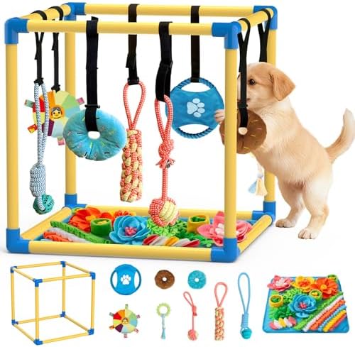 Puppy Play Gym with Snuffle Mat & 8 Toys (Yellow,19.6″ x 19.6″ x 19.6″‌)