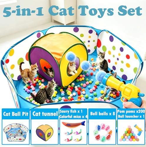 Ball Pit and Tunnel Tent for Cats, with 200 Pom‑pom Balls, 1 Ball Launcher, 8 Bell Balls, 4 Colorful Mice and 1 Saury Fish, Foldable Indoor & Outdoor Cat Activity Center for Interactive Play