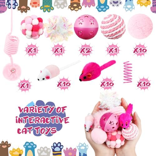 Gemscream 46 Pcs Cat Toys Set Interactive Cute Cat Indoor Toys, Pink