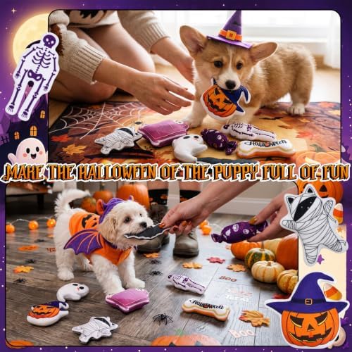 Soulchen 80 Pcs Halloween Dog Squeaky Toys, 8 Styles Plush Toys Bulk