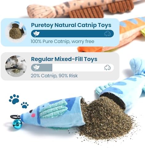Catnip Toys, [12000mg] Extra Large Toys for Indoor Cats with Removable Bell, 100% Natural North American Catnip Floppy Fish Cat, Crinkle Sound & Soft Cotton-Free Surface