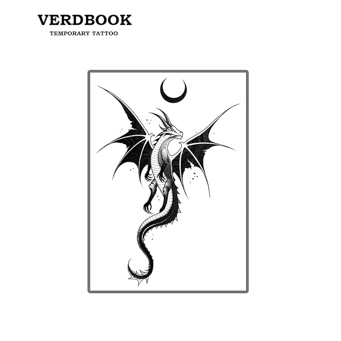 Waterproof Temporary Tattoos: 2-Sheet Tattoo Kit with Realistic Body Stickers, Semi-Permanent Tattoos for Adults Lasting 7-15 Days – Safe for Men & Women, Winged Dragon & Moon Pattern