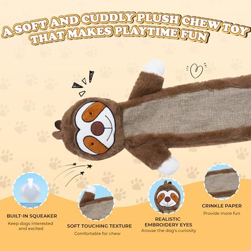 Squeaky Dog Toys for Small & Medium Breeds, Soft No Stuffing Interactive Puppy Teething Chewing Toy with Crinkle Paper, Best Birthday, Christmas, Halloween, Easter Gift, Flat Sloth