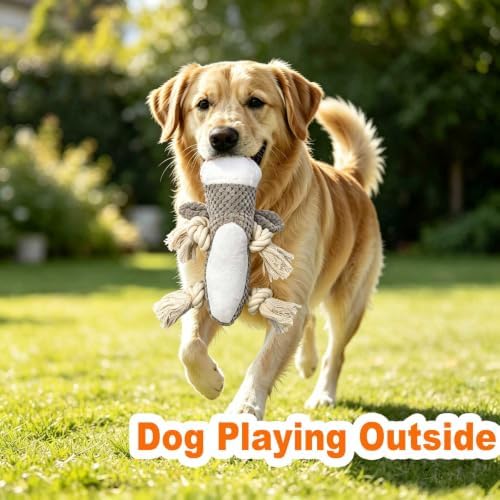 Gray Dog Plush Chew Dog Toy, 9.8 in, Squeaker and Rope