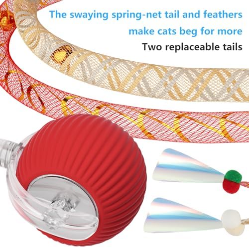 Interactive Cat Toys for Indoor Cats, 2025 New Generation Interactive Cat Ball Toy with Elastic Mesh Tail, Automatic Cat/Kitten Toys with Chirping & Motion Activate, Cat Toys for Bored Indoor(Red)