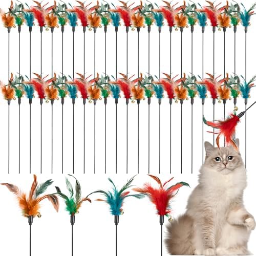 Leitee 50 Pcs Cat Feather Toy Wand Bulk Interactive Stick, Multi-Color