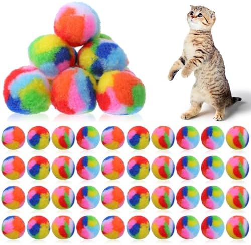 40 Pcs Soft Plush Cat Ball 1.7Inch Rainbow Pom Pom Cat Toy Balls Fuzzy Kitty Chase Yarn Puffs for Pet Interactive Playing Exercising Training Assorted Color Lightweight
